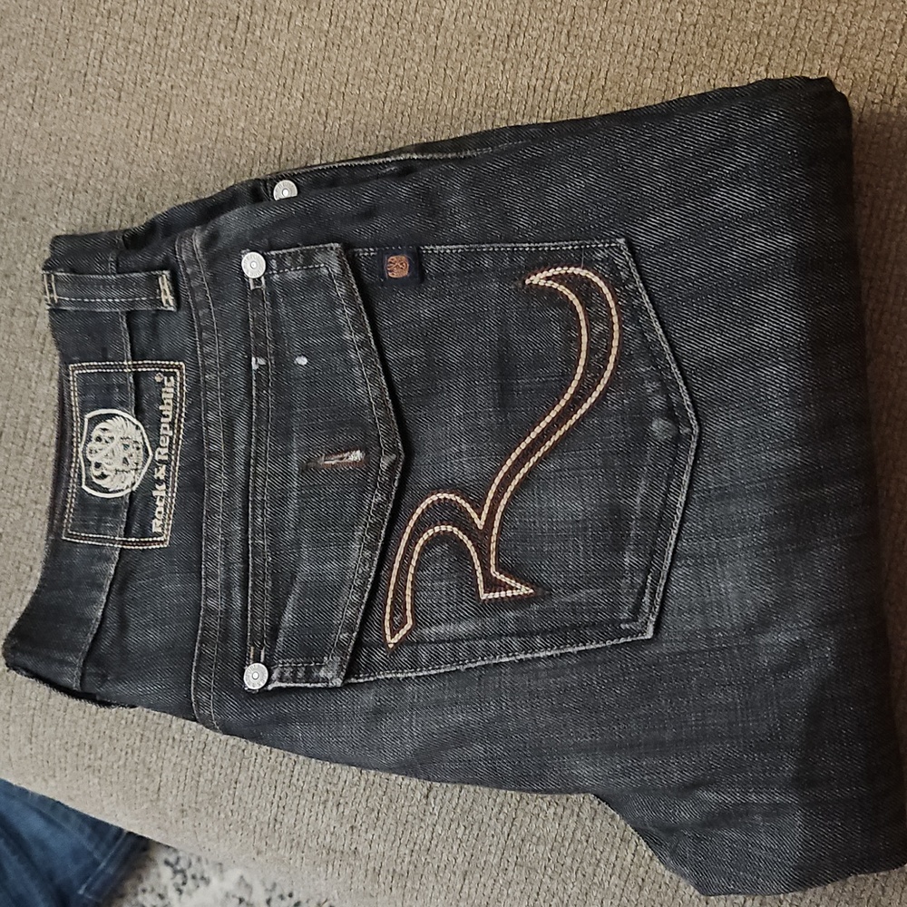 Rock & Republic Dark Gray Jeans with Tan Stitching